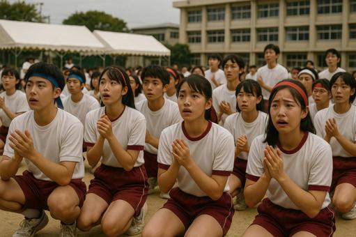 成績発表を聞く真剣な表情の生徒たち 成績発表を聞く真剣な表情の生徒たちの写真