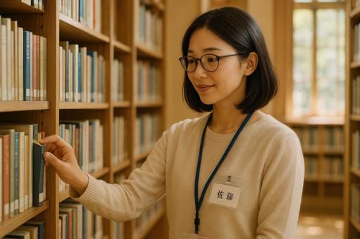 図書館で働く女性司書 図書館で働く女性司書の写真
