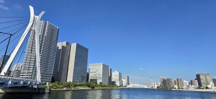 墨田川沿いのビル 橋 タワーマンション,青空,太陽の写真素材