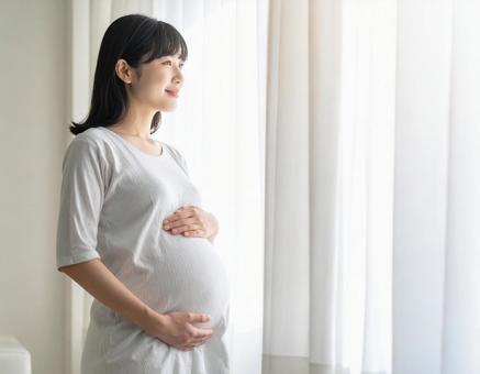 窓辺で外を見て微笑む妊婦の穏やかな時間 窓辺で外を見て微笑む妊婦の穏やかな時間の写真