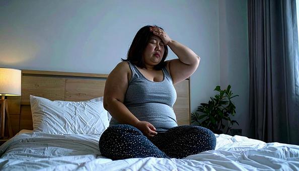 肥満で疲れやすく、額に手をやる女性 肥満で疲れやすく、額に手をやる女性の写真