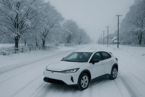 雪道を走行する白い電気自動車の冬景色の写真