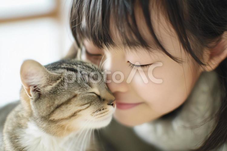 子猫と顔をくっつける少女 ねこ,女性,少女の写真素材