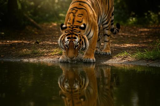 水辺で水を飲むトラ 水辺で水を飲むトラの写真