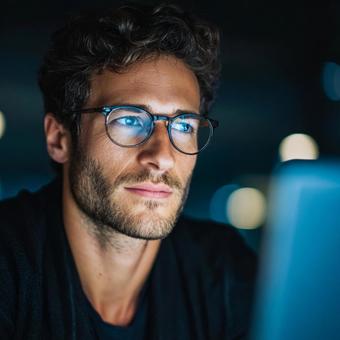 モニターを見つめる眼鏡の外国人男性 モニターを見つめる眼鏡の外国人男性の写真