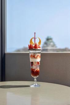 春限定いちごパフェ・大阪城を背景に 春限定いちごパフェ・大阪城を背景に いちご,パフェ,大阪城の写真素材