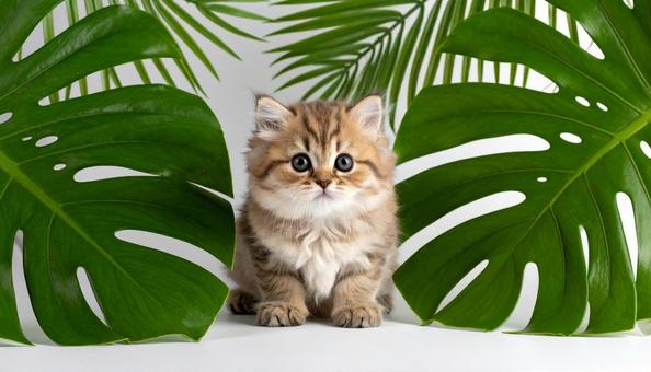 子猫とモンステラの葉っぱの写真