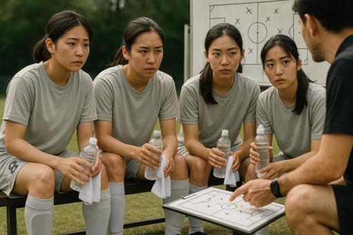 ベンチで作戦会議をする女子選手 ベンチで作戦会議をする女子選手の写真