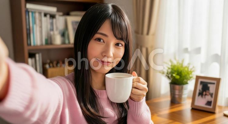 白いマグカップを持つ女性のセルフィー 女性,コーヒー,紅茶の写真素材