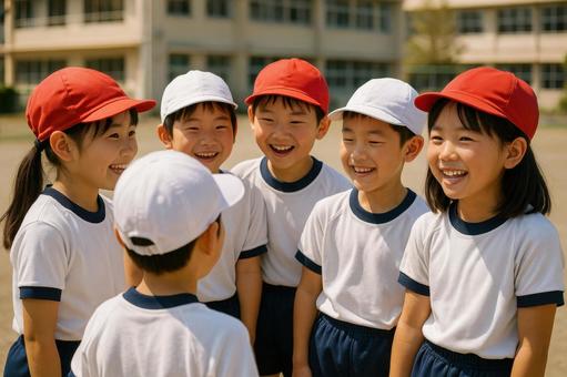 赤白帽をかぶった元気な小学生たち 赤白帽をかぶった元気な小学生たちの写真