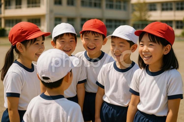 赤白帽をかぶった元気な小学生たち 赤白帽,小学生,元気の写真素材