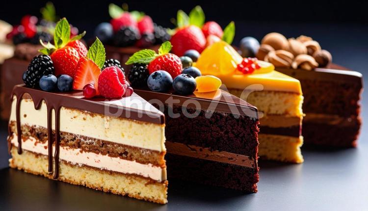 ケーキのリズムが描く美味しい並び チョコレートケーキ,フルーツケーキ,交互の写真素材