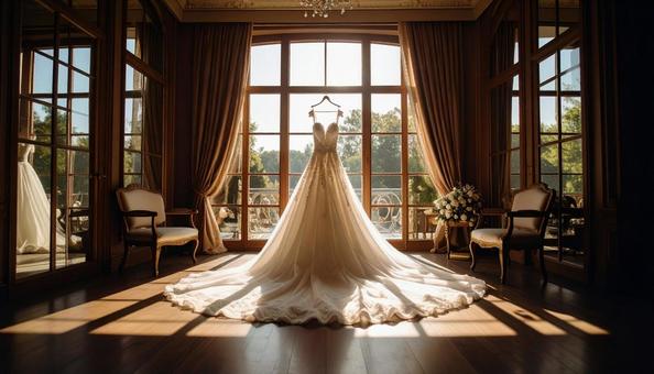 ウェディングドレスがかかる結婚式場の控室の写真