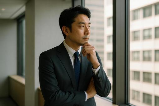 窓辺で考える社員 窓辺で考える社員の写真