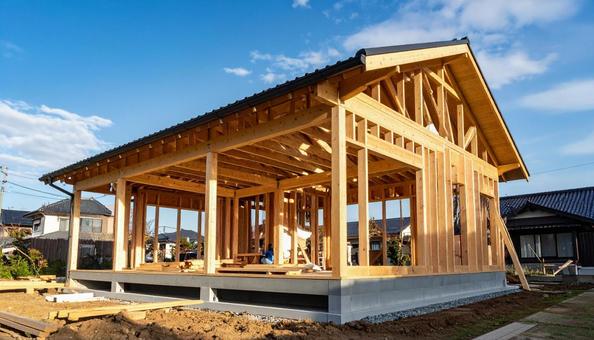 建築途中の木造一戸建住宅 骨組み 建築途中の木造一戸建住宅 骨組みの写真