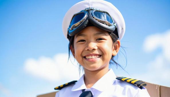 パイロットの姿をした日本人の子ども パイロットの姿をした日本人の子どもの写真