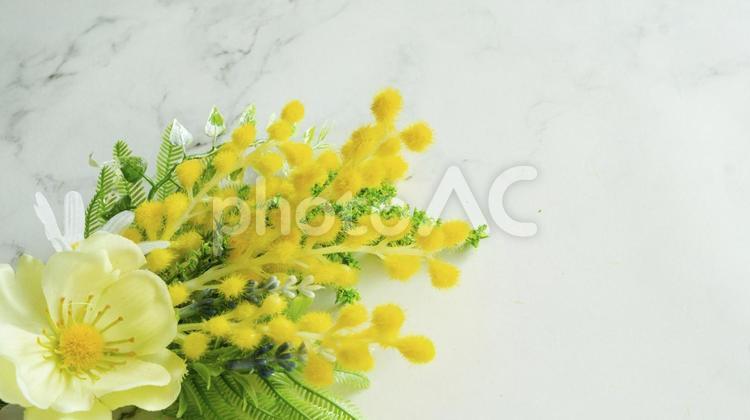 ミモザと白い花と大理石のの背景 ミモザ,花,白の写真素材