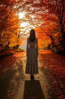 紅葉の道を歩く女性の後ろ姿 紅葉の道を歩く女性の後ろ姿の写真