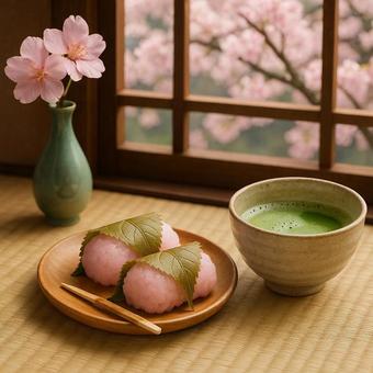 桜餅と抹茶の春の和菓子セット 桜餅と抹茶の春の和菓子セットの写真