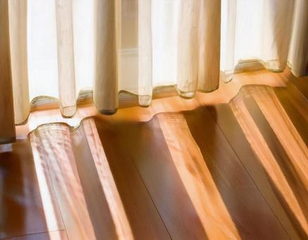 家の窓際カーテンから差し込む光4 カーテン,床,リビングの写真素材