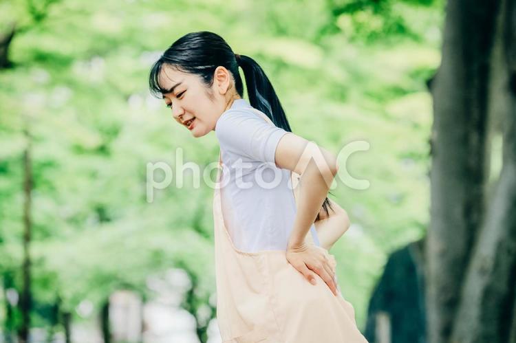 エプロンをつけた女性（腰） 介護士,看護師,疲労の写真素材