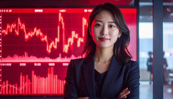 ディルプレイのチャートの前に立つ女性社員 ディルプレイのチャートの前に立つ女性社員の写真