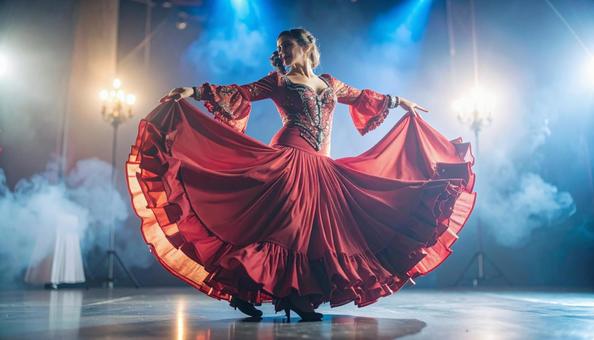 舞台で踊る赤いドレスを着た美しいカルメン 舞台で踊る赤いドレスを着た美しいカルメンの写真