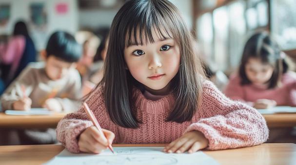 見つめる少女の学びの写真