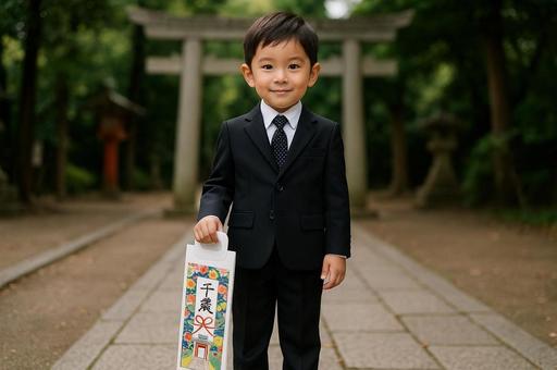 七五三で千歳飴を持つ男の子 七五三で千歳飴を持つ男の子の写真