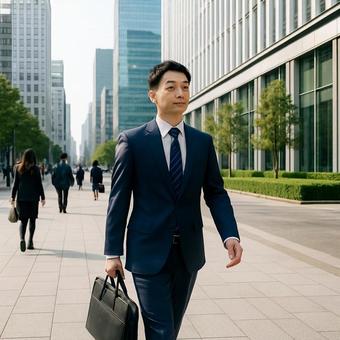 ビジネス街を歩くスーツ姿のビジネスマンの写真