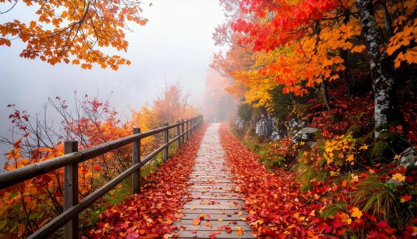 霧のかかる紅葉の遊歩道 霧のかかる紅葉の遊歩道の写真