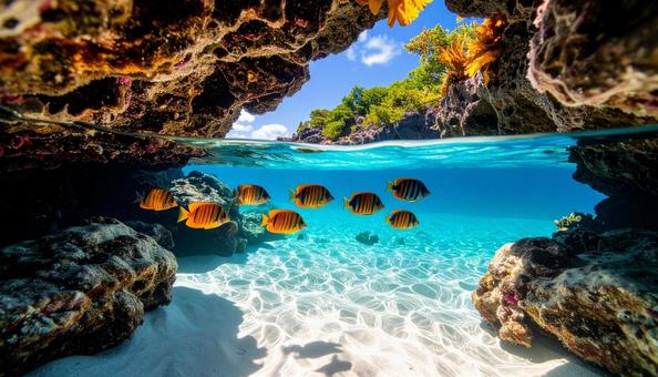 海中から見た岩場に泳ぐ熱帯魚 海中から見た岩場に泳ぐ熱帯魚の写真