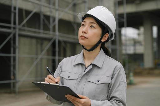現場で働く作業着を着た女性 現場で働く作業着を着た女性の写真