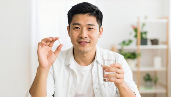薬を飲む男性 薬を飲む男性の写真