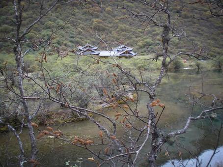 九寨溝の自然と寺院を望む静かな風景 九寨溝の自然と寺院を望む静かな風景の写真