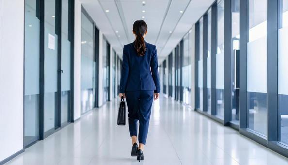 スーツ姿の女性社員の後ろ姿 スーツ姿の女性社員の後ろ姿の写真