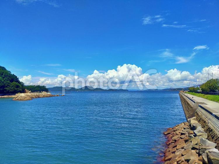 夏空広がる穏やかな湾の風景 夏,青空,湾の写真素材