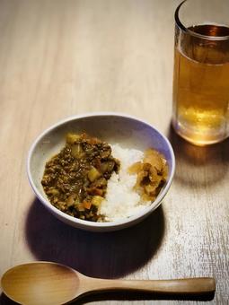 Homemade keema curry and cold barley tea, JPG Homemade keema curry and cold barley tea, JPG