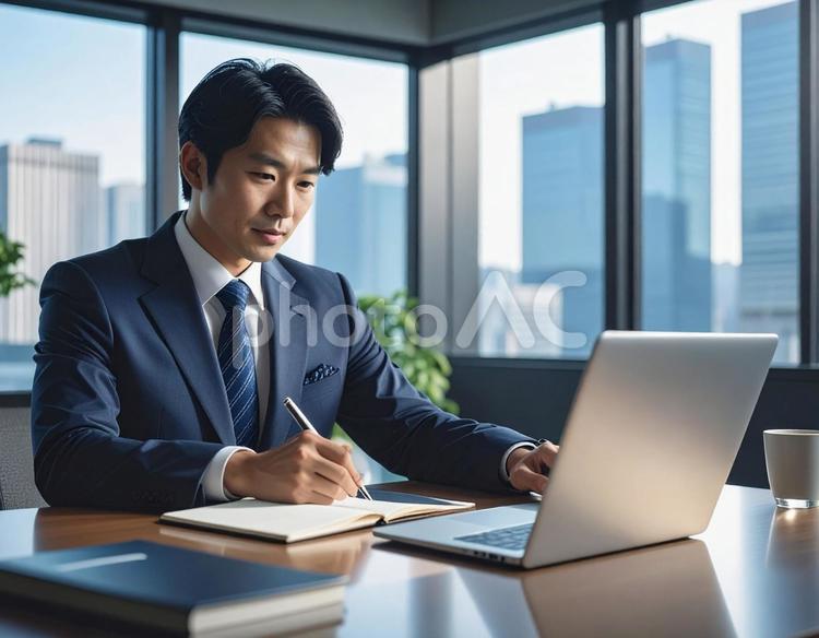 メモを取りながらPC作業する男性 ビジネス,男性,スーツの写真素材
