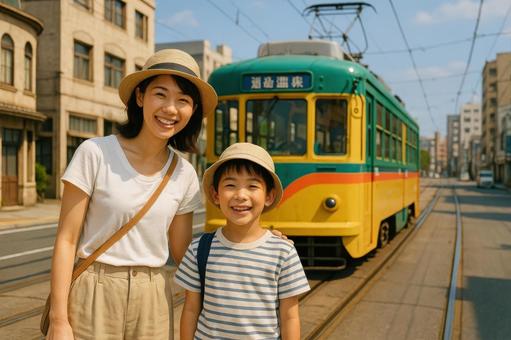 路面電車と親子の記念写真の写真