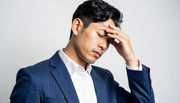 ビジネスイメージ うつむき悩む日本人男性 ビジネスイメージ うつむき悩む日本人男性の写真