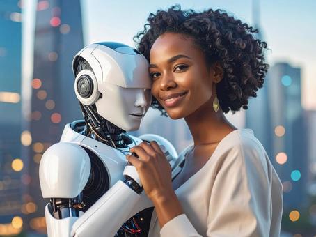 二足歩行ロボットと抱き合っている女性 二足歩行ロボットと抱き合っている女性の写真
