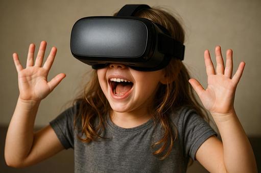 VRゴーグルで大興奮する女の子 VRゴーグルで大興奮する女の子の写真