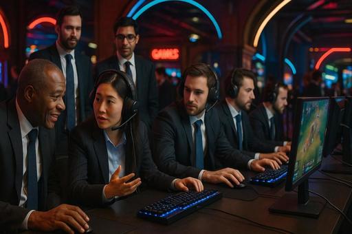 スーツ姿社員のゲーム対戦 スーツ姿社員のゲーム対戦の写真