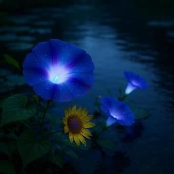 夜の池と光る朝顔とひまわり 夜の池と光る朝顔とひまわりの写真
