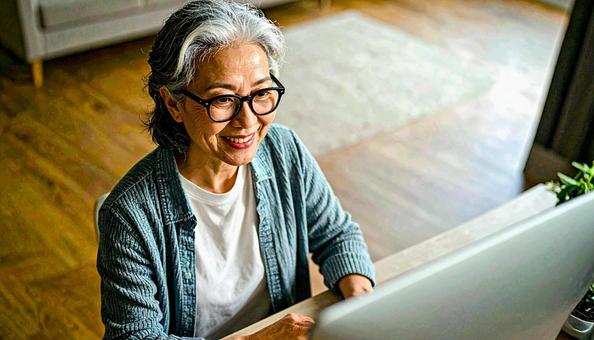 パソコンに向かって笑顔の50代の女性 パソコンに向かって笑顔の50代の女性の写真