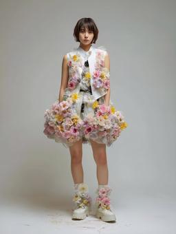 白色の花の服と女性 白色の花の服と女性の写真