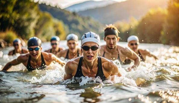 トライアスロン 一斉に水に飛び込む選手 トライアスロン 一斉に水に飛び込む選手の写真