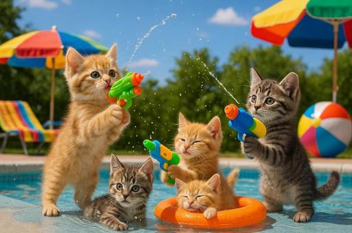 水鉄砲で遊ぶ子猫たち 水鉄砲で遊ぶ子猫たちの写真