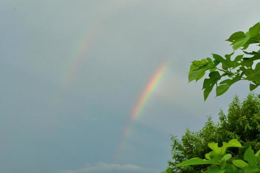 ダブルレインボー 虹,レインボー,空の写真素材